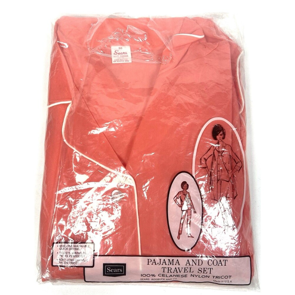 Vintage Sears Coral 100% Nylon Shiny Pajama & Robe Set Women’s Size 38 M